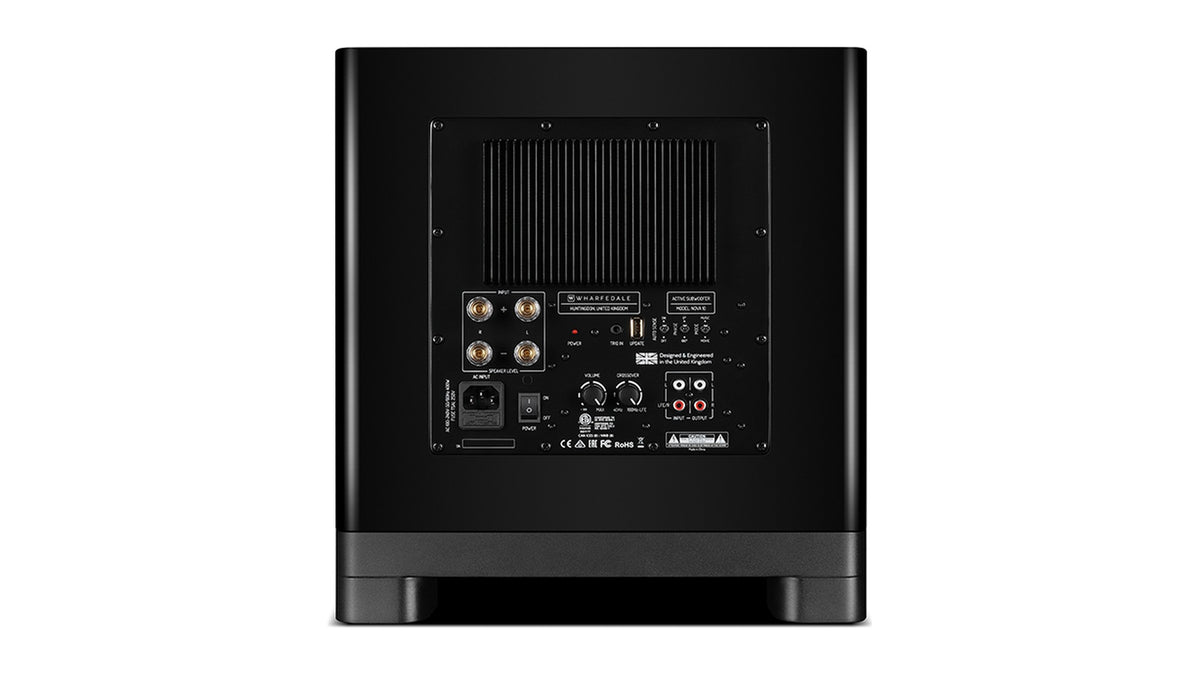 Wharfedale NOVA 10 powered subwoofer, rear panel with amplifier, RCA and speaker-level inputs and controls