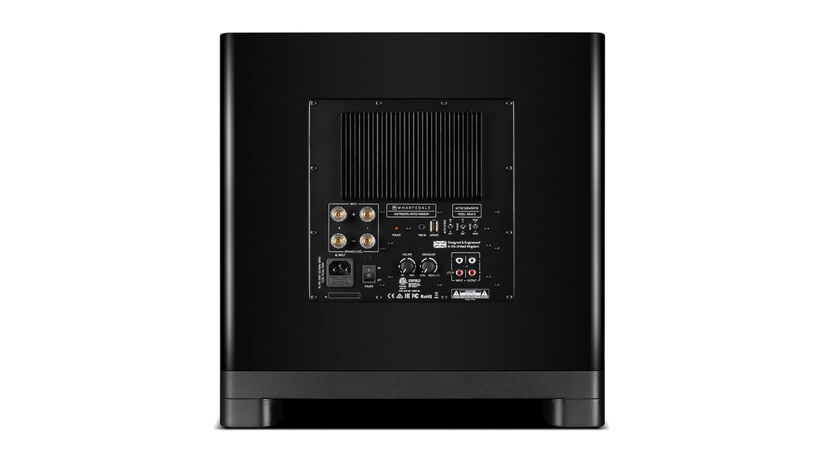 Wharfedale NOVA 12 powered subwoofer, rear panel with amplifier, RCA and speaker-level inputs and controls