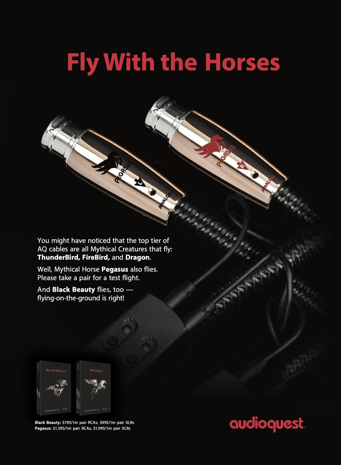 AudioQuest "Fly With the Horses" full page advertisement featuring Pegasus and Black Beauty.