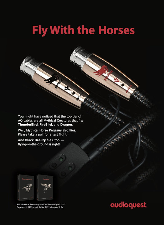 AudioQuest "Fly With the Horses" full page advertisement featuring Pegasus and Black Beauty.