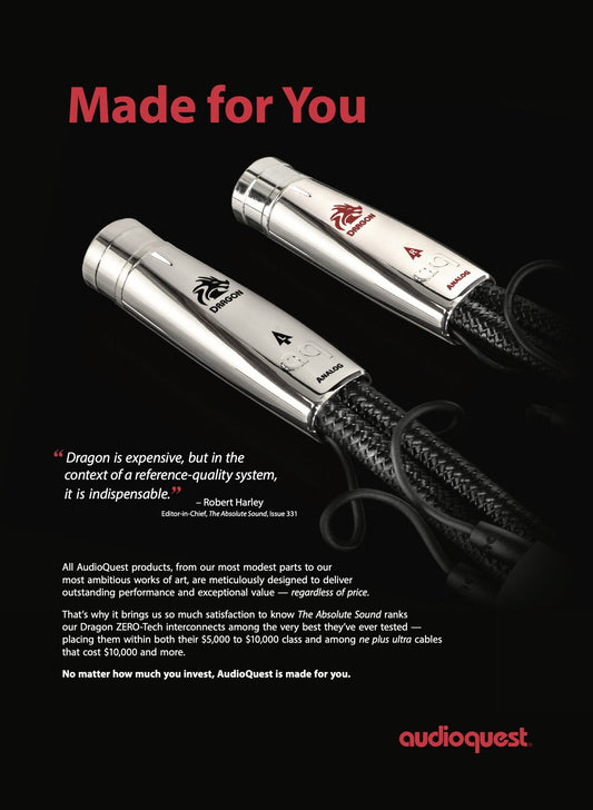 AudioQuest "Made for You" full page advertisement featuring Dragon ZERO-Tech analog interconnects.