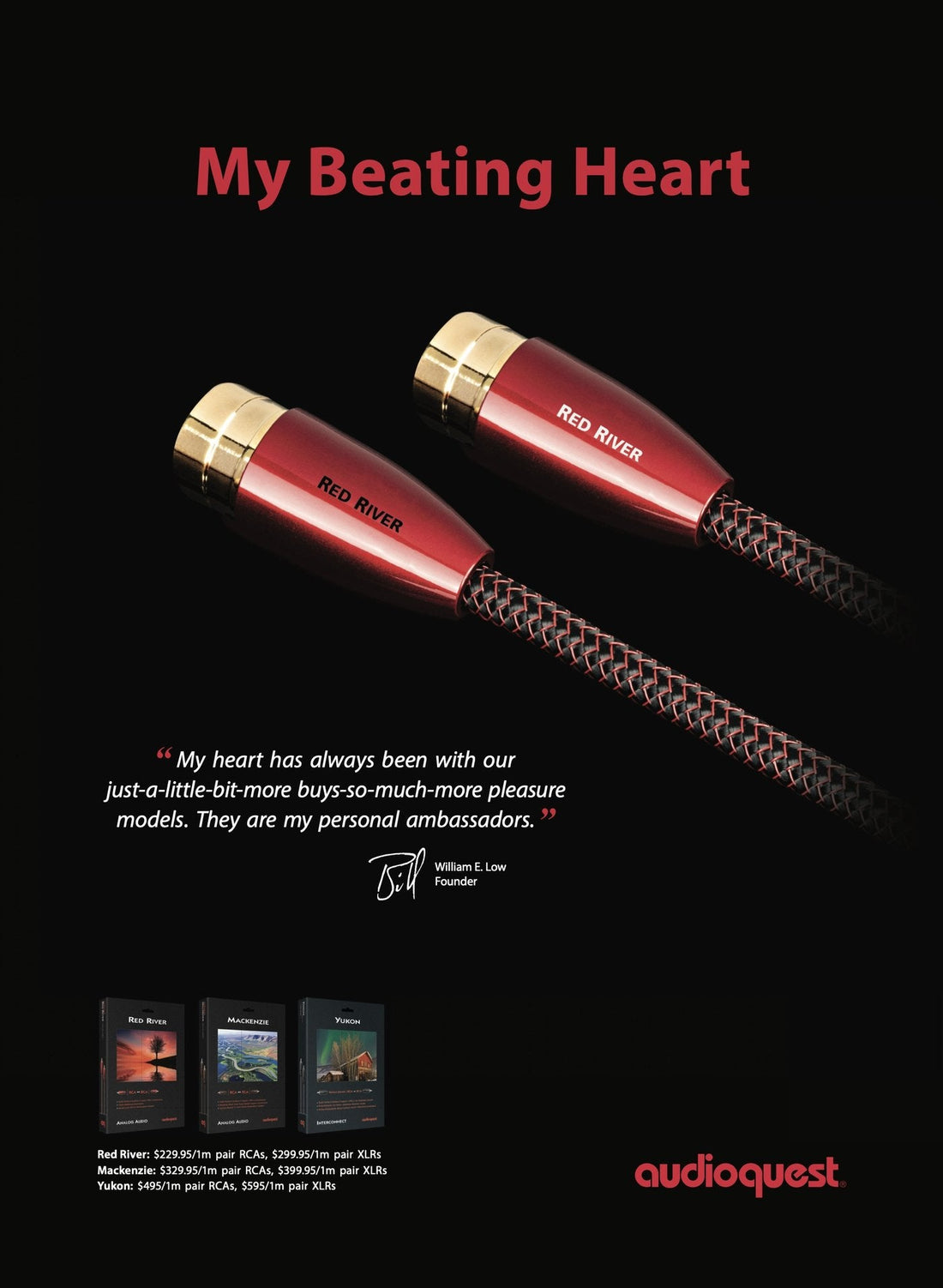 AudioQuest "My Beating Heart" full page advertisement, signed by founder William E. Low.