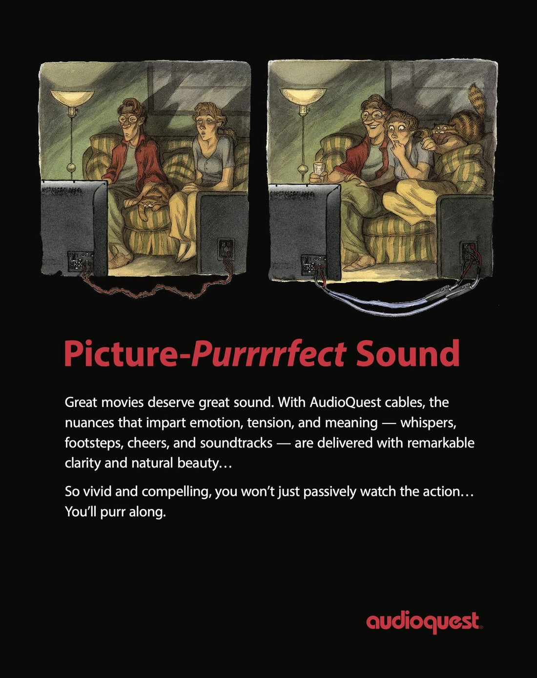 AudioQuest "Picture-Purrrrfect Sound" full page advertisement.
