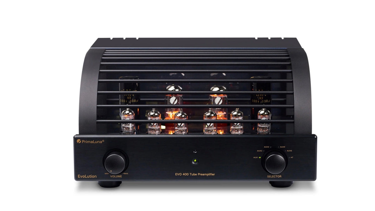 PrimaLuna EVO 400 Tube Preamplifier in black, detail view