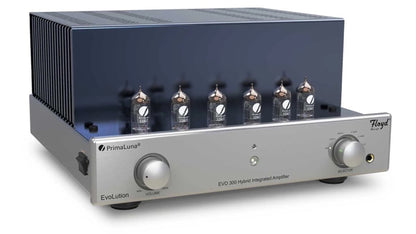 PrimaLuna EVO 300 Hybrid Integrated Amplifier in silver, angled no cover view