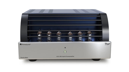 PrimaLuna EVO 300 Hybrid Power Amplifier in silver, front view