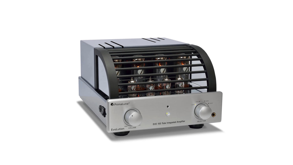 PrimaLuna EVO 100 Tube Integrated Amplifier in silver, angled view