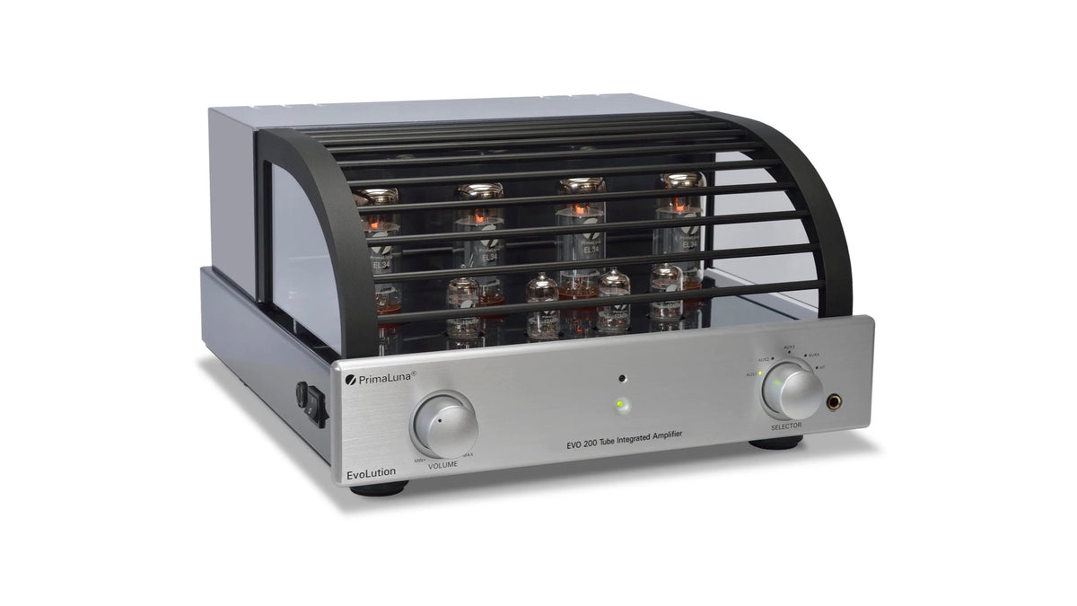 PrimaLuna EVO 200 Tube Integrated Amplifier in silver, angled view