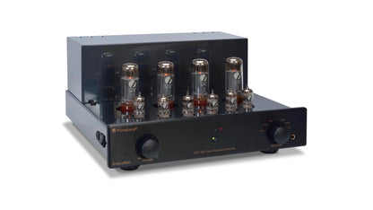 PrimaLuna EVO 300 Tube Integrated Amplifier in black, angled no cover view