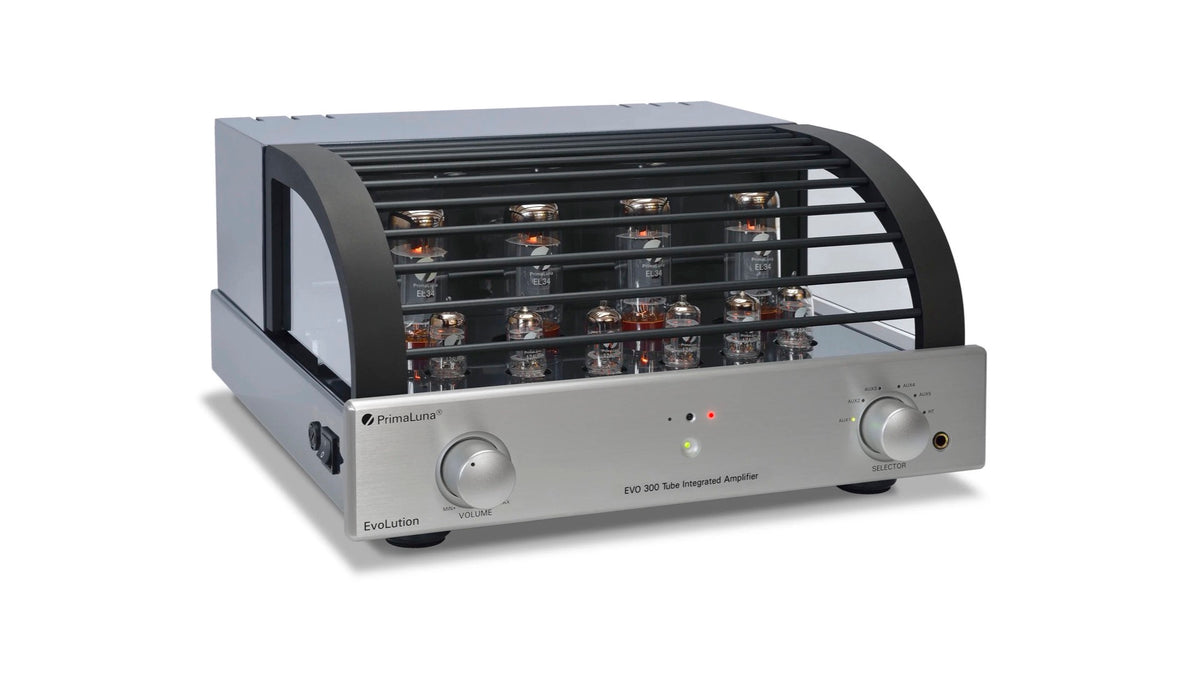 PrimaLuna EVO 300 Tube Integrated Amplifier in silver, angled view