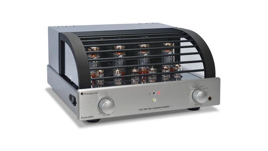 PrimaLuna EVO 300 Tube Integrated Amplifier in silver, angled view