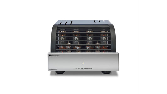 PrimaLuna EVO 100 Tube Power Amplifier in silver, front view