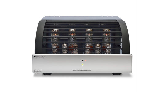 PrimaLuna EVO 300 Tube Power Amplifier in silver, front view