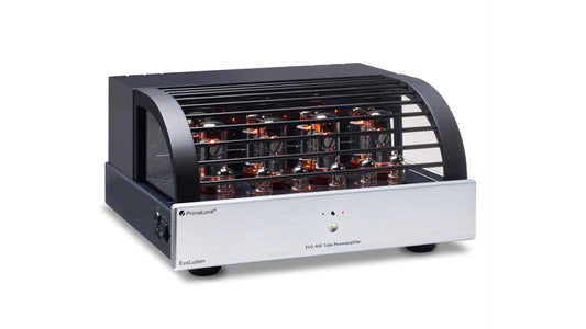 PrimaLuna EVO 400 Tube Power Amplifier in silver, front view