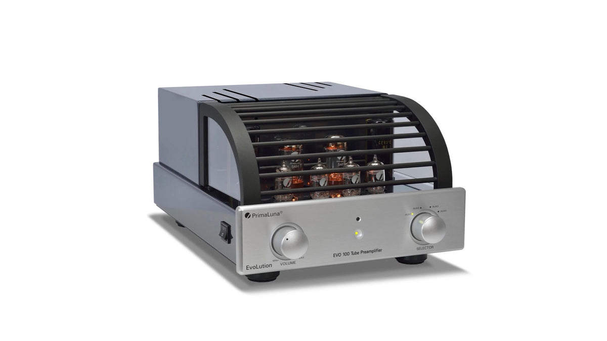 PrimaLuna EVO 100 Tube Preamplifier in silver, angled view