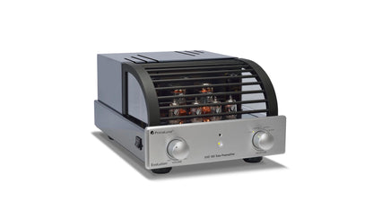 PrimaLuna EVO 100 Tube Preamplifier in silver, angled view