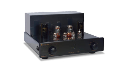 PrimaLuna EVO 200 Tube Preamplifier in black, angled no cover view