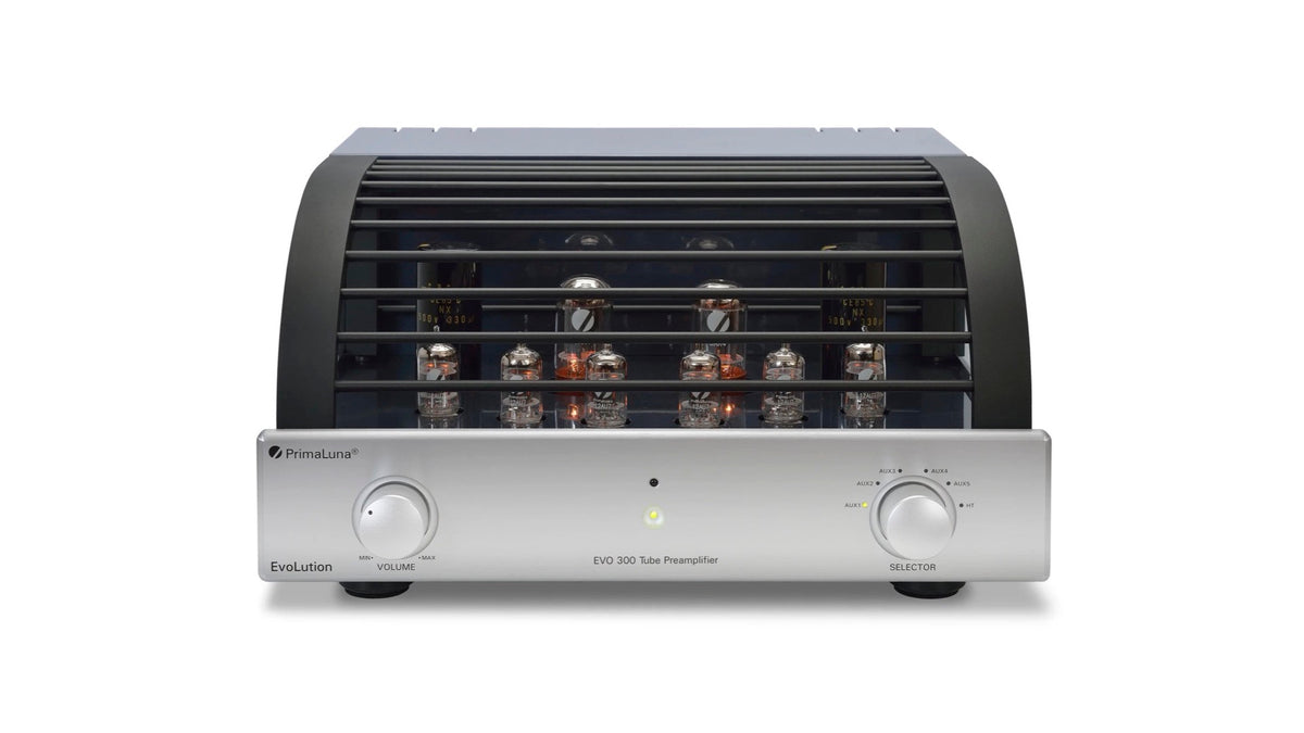 PrimaLuna EVO 300 Tube Preamplifier in silver, front view
