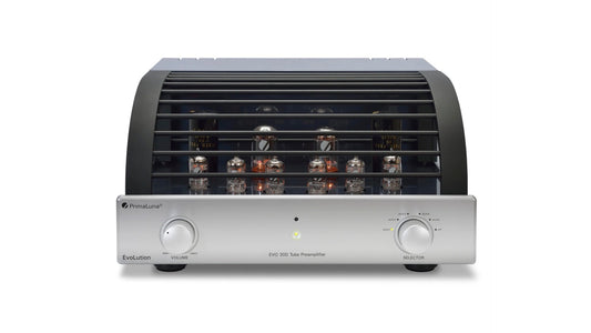 PrimaLuna EVO 300 Tube Preamplifier in silver, front view