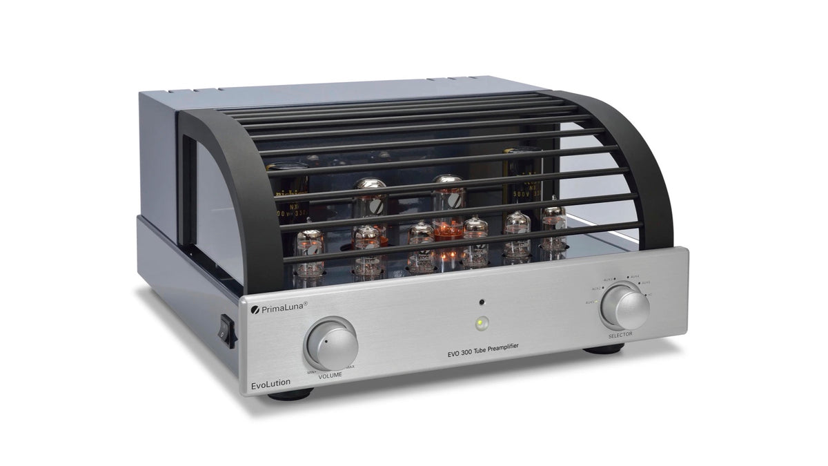 PrimaLuna EVO 300 Tube Preamplifier in silver, angled view
