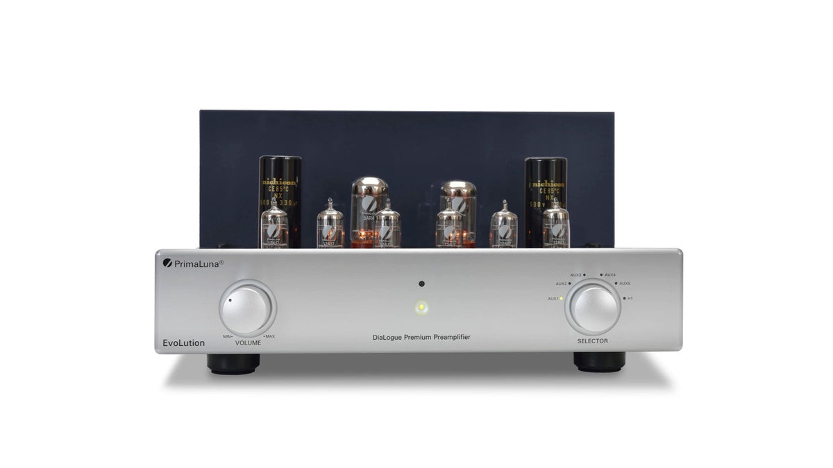 PrimaLuna EVO 300 Tube Preamplifier in silver, front view