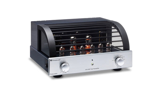 PrimaLuna EVO 400 Tube Preamplifier in silver, front view