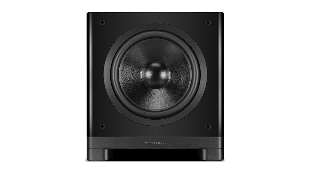 Wharfedale NOVA 10 powered subwoofer, front view with the grille off, showing the long-throw driver