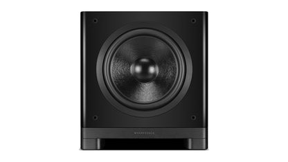 Wharfedale NOVA 10 powered subwoofer, front view with the grille off, showing the long-throw driver