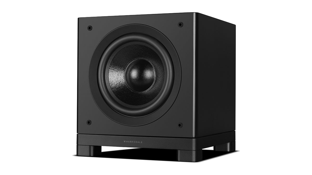 Wharfedale NOVA 10 powered subwoofer, three-quarter view with the grille off