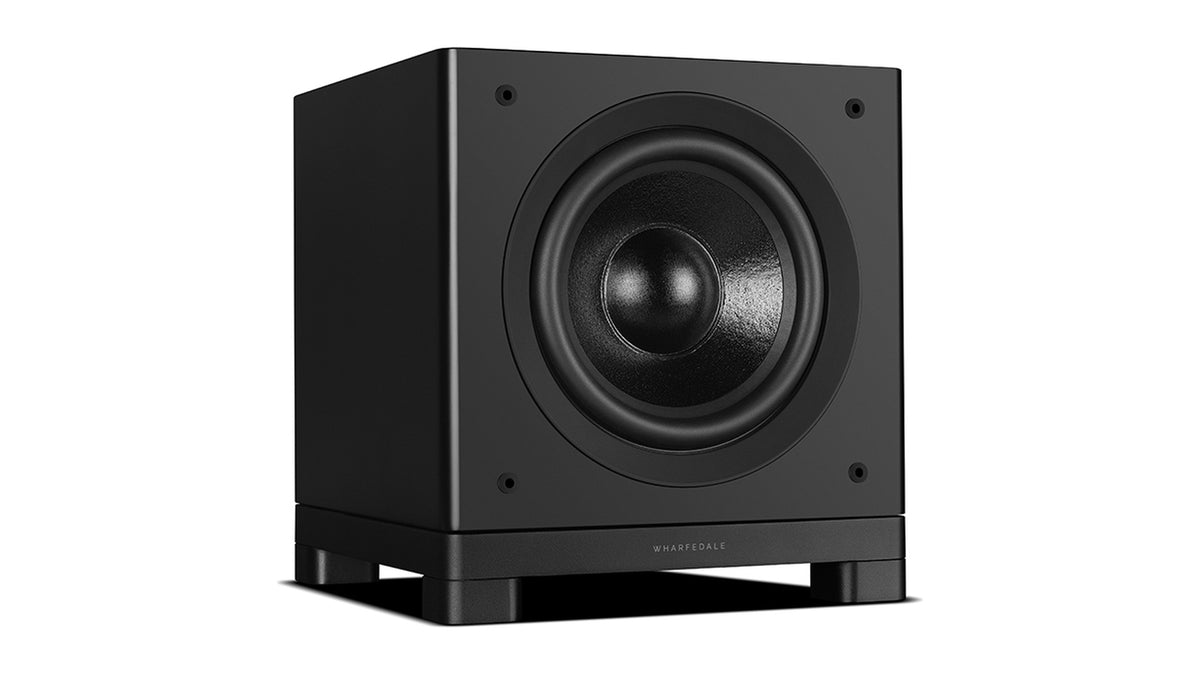 Wharfedale NOVA 10 powered subwoofer, three-quarter view from the other side, grille off