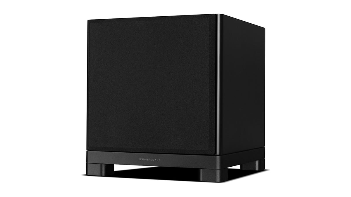 Wharfedale NOVA 10 powered subwoofer, three-quarter view with the grille on