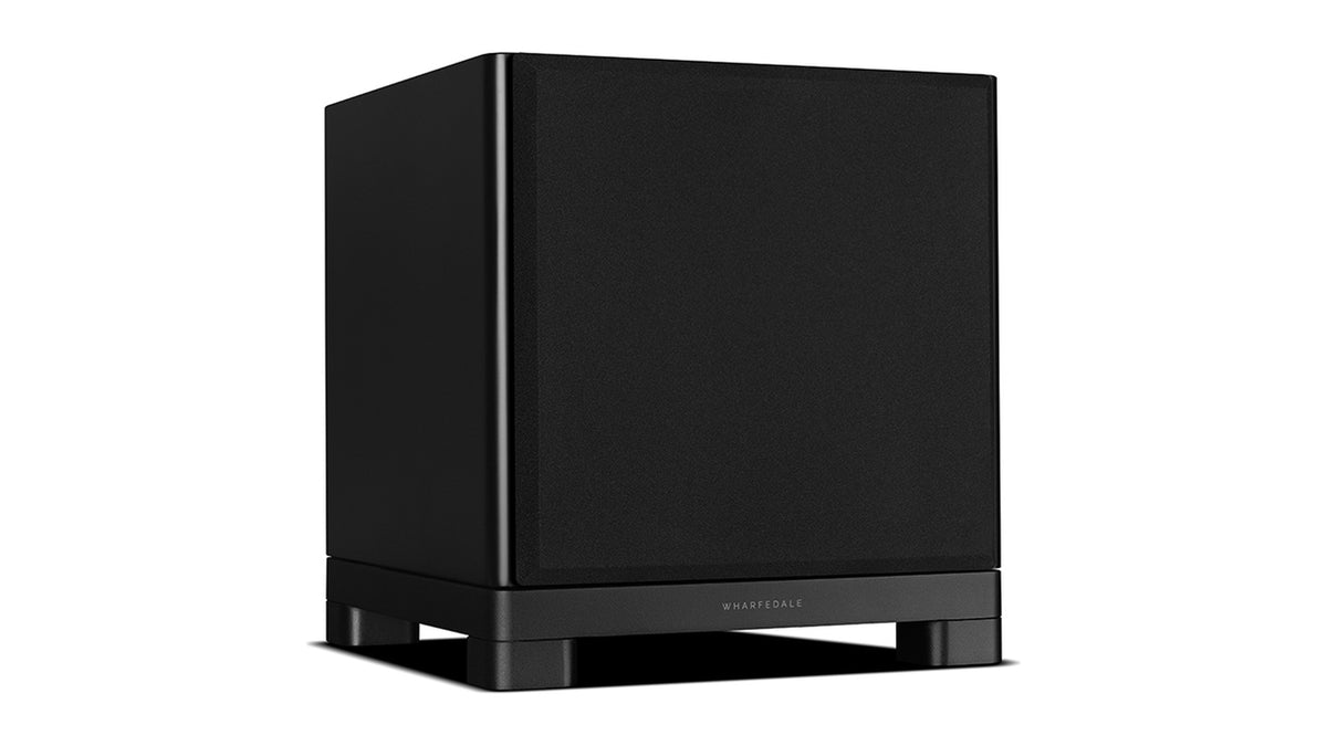 Wharfedale NOVA 10 powered subwoofer, side angle with the grille on, matte black cabinet