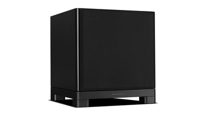 Wharfedale NOVA 10 powered subwoofer, side angle with the grille on, matte black cabinet