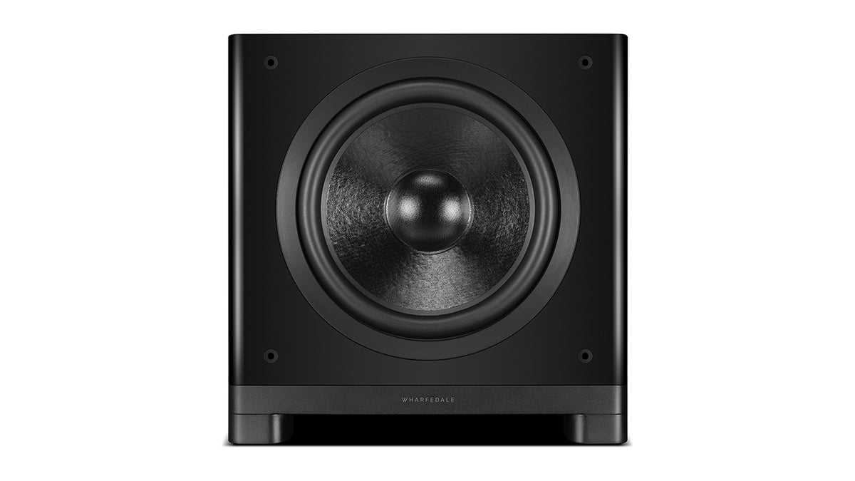 Wharfedale NOVA 12 powered subwoofer, front view with the grille off, showing the long-throw driver