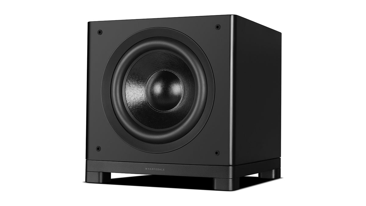 Wharfedale NOVA 12 powered subwoofer, three-quarter view with the grille off