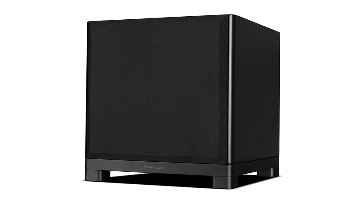 Wharfedale NOVA 12 powered subwoofer, three-quarter view with the grille on