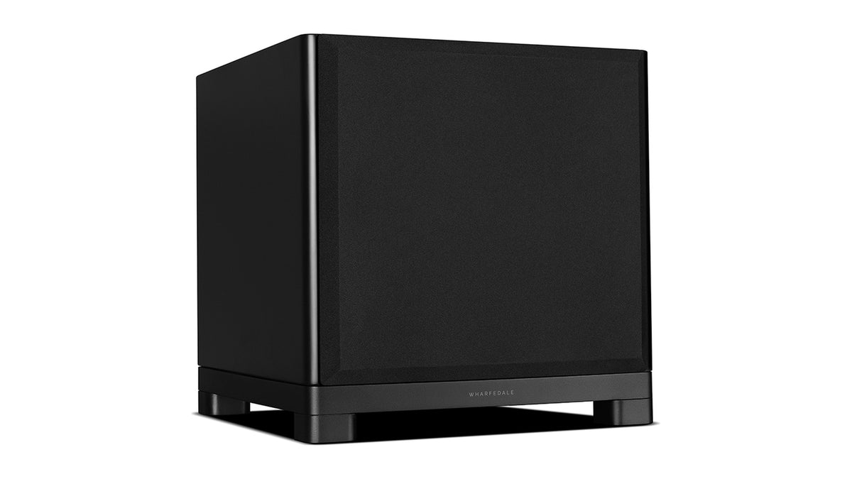 Wharfedale NOVA 12 powered subwoofer, side angle with the grille on, matte black cabinet