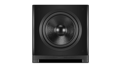 Wharfedale NOVA 15 powered subwoofer, front view with the grille off, showing the long-throw driver