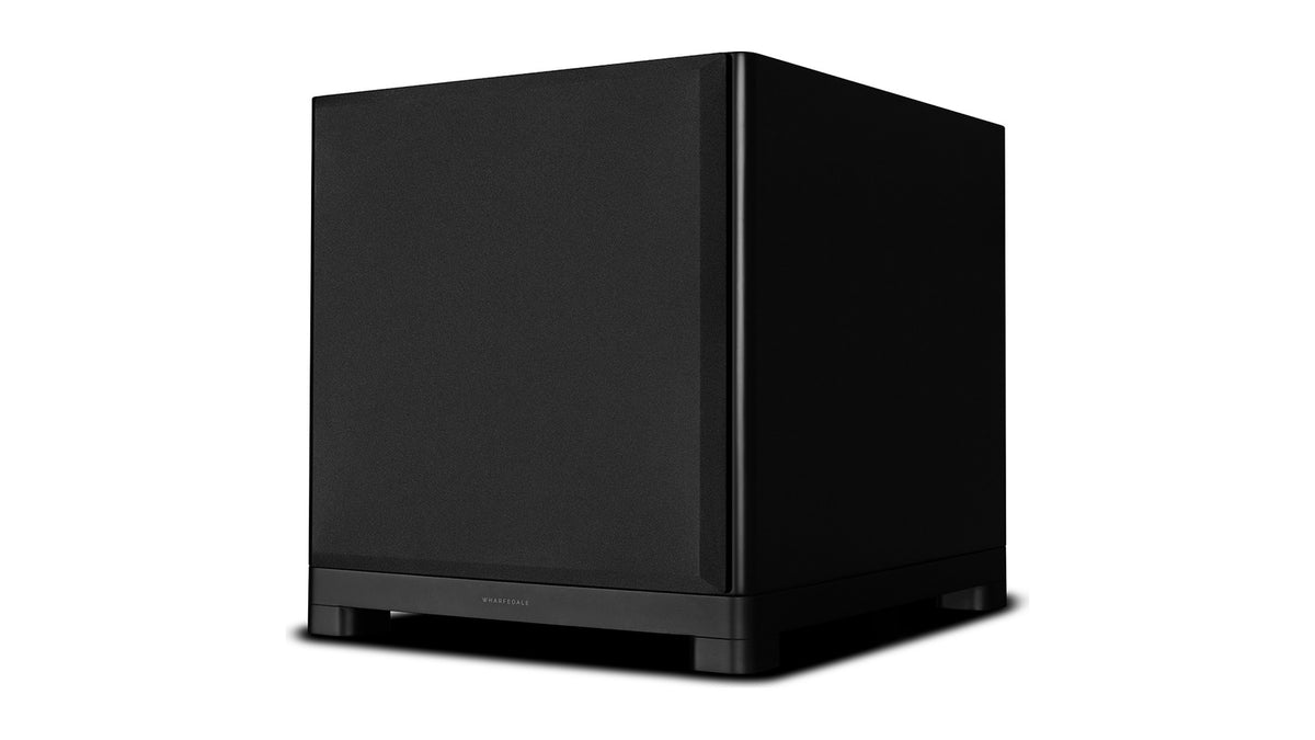 Wharfedale NOVA 15 powered subwoofer, three-quarter view with the grille on