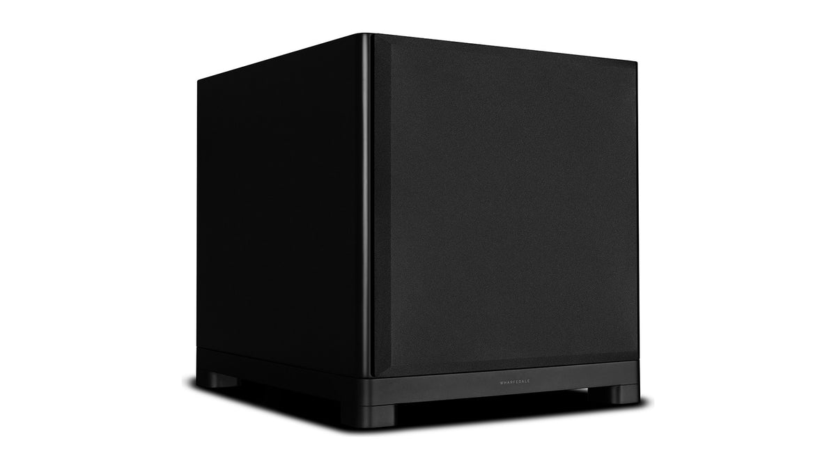 Wharfedale NOVA 15 powered subwoofer, side angle with the grille on, matte black cabinet