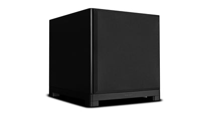 Wharfedale NOVA 15 powered subwoofer, side angle with the grille on, matte black cabinet