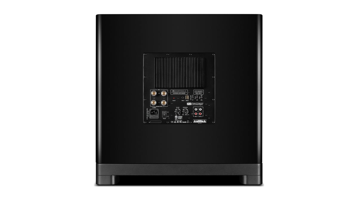 Wharfedale NOVA 15 powered subwoofer, rear panel with amplifier, RCA and speaker-level inputs and controls