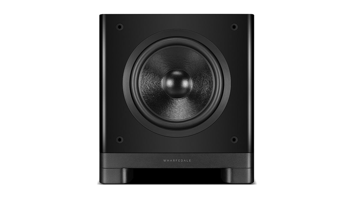 Wharfedale NOVA 8 powered subwoofer, front view with the grille off, showing the long-throw driver