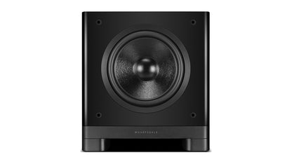 Wharfedale NOVA 8 powered subwoofer, front view with the grille off, showing the long-throw driver