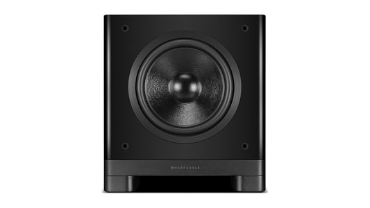 Wharfedale NOVA 8 powered subwoofer, front view with the grille off, showing the long-throw driver