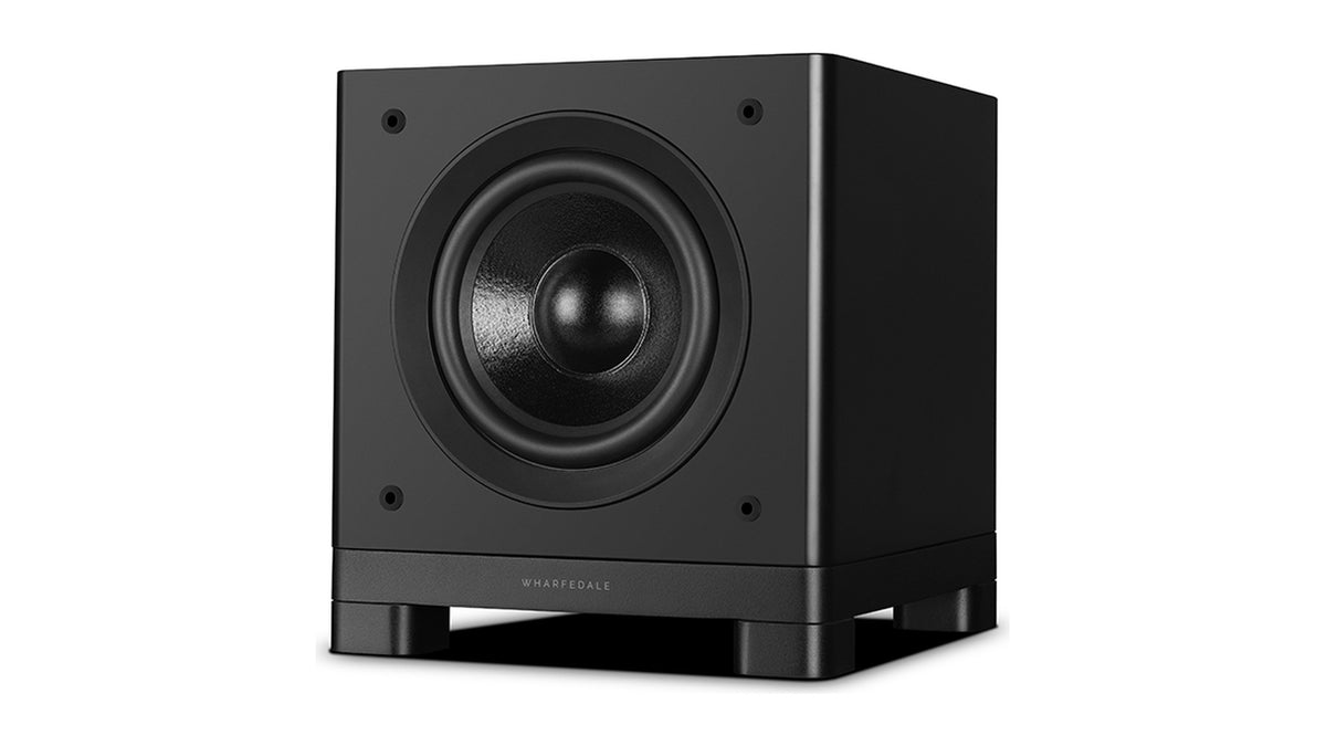 Wharfedale NOVA 8 powered subwoofer, three-quarter view with the grille off