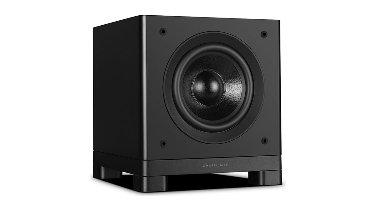 Wharfedale NOVA 8 powered subwoofer, three-quarter view from the other side, grille off