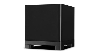 Wharfedale NOVA 8 powered subwoofer, three-quarter view with the grille on