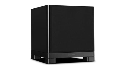 Wharfedale NOVA 8 powered subwoofer, side angle with the grille on, matte black cabinet